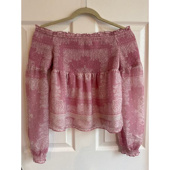 INTERMIX Silk Penelope Paisley Off-The-Shoulder smocked long sleeve Top small - Picture 12 of 13